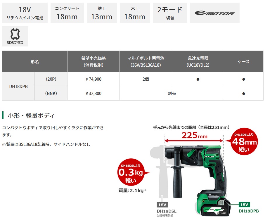 最新 高橋本社 店HiKOKI ハイコーキ DH18DPC 2XP 充電式18mmハンマードリル SDSプラス 18V 
