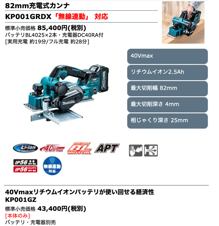マキタ 40Vmax 82mm充電式カンナ KP001GRDX (バッテリBL4025×2本・充電器DC40RA付 ワイヤレスユニット別売) - 4