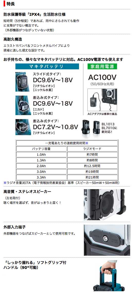 タナカ金物】マキタ 充電式ラジオ MR102W（白 ）（本体のみ：バッテリ・充電器別売）